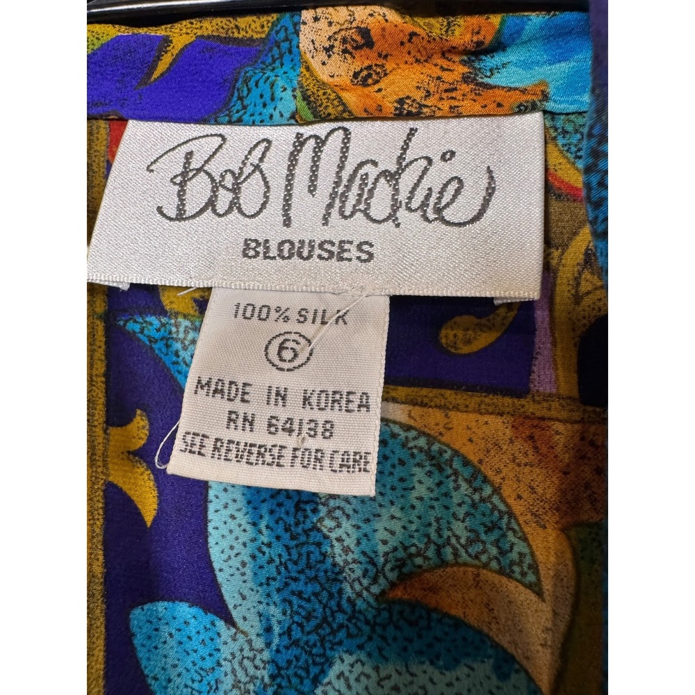 Vintage Bob Mackie Silk‎ Blouse Womens 6 Blue Baroque Floral Shawl Collar Top - Picture 4 of 11